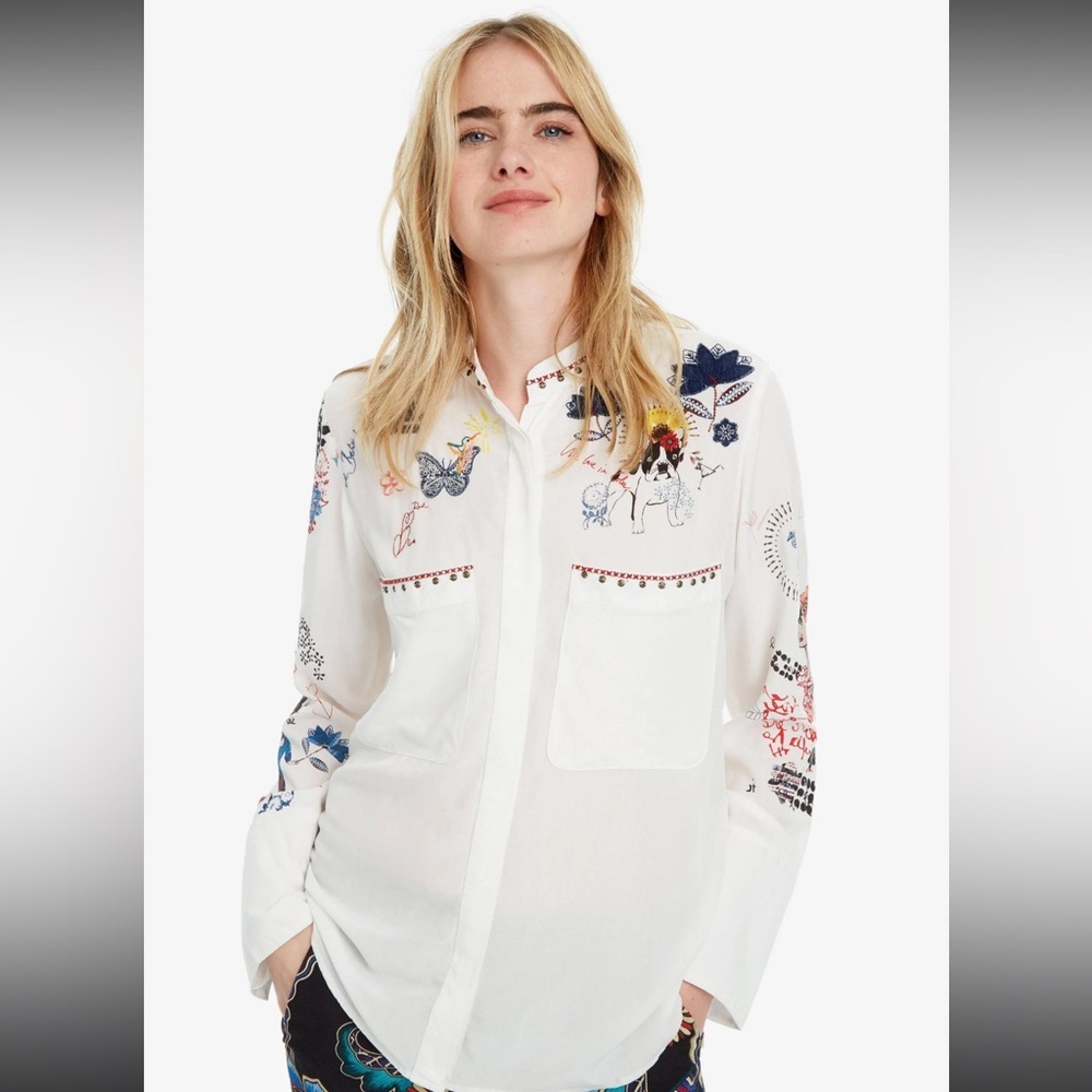 Desigual Cam_Xenia blanco‎ Embroidered White Button-Up Shirt